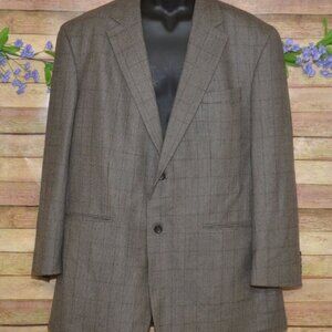 Oscar De La Renta 48L Brown Windowpane Plaid Wool Cashmere Blazer Sport Coat